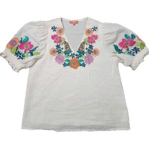 THML Womens Large Blouse White Floral Embroidered V Neck Puff Sleeve Modal Tops